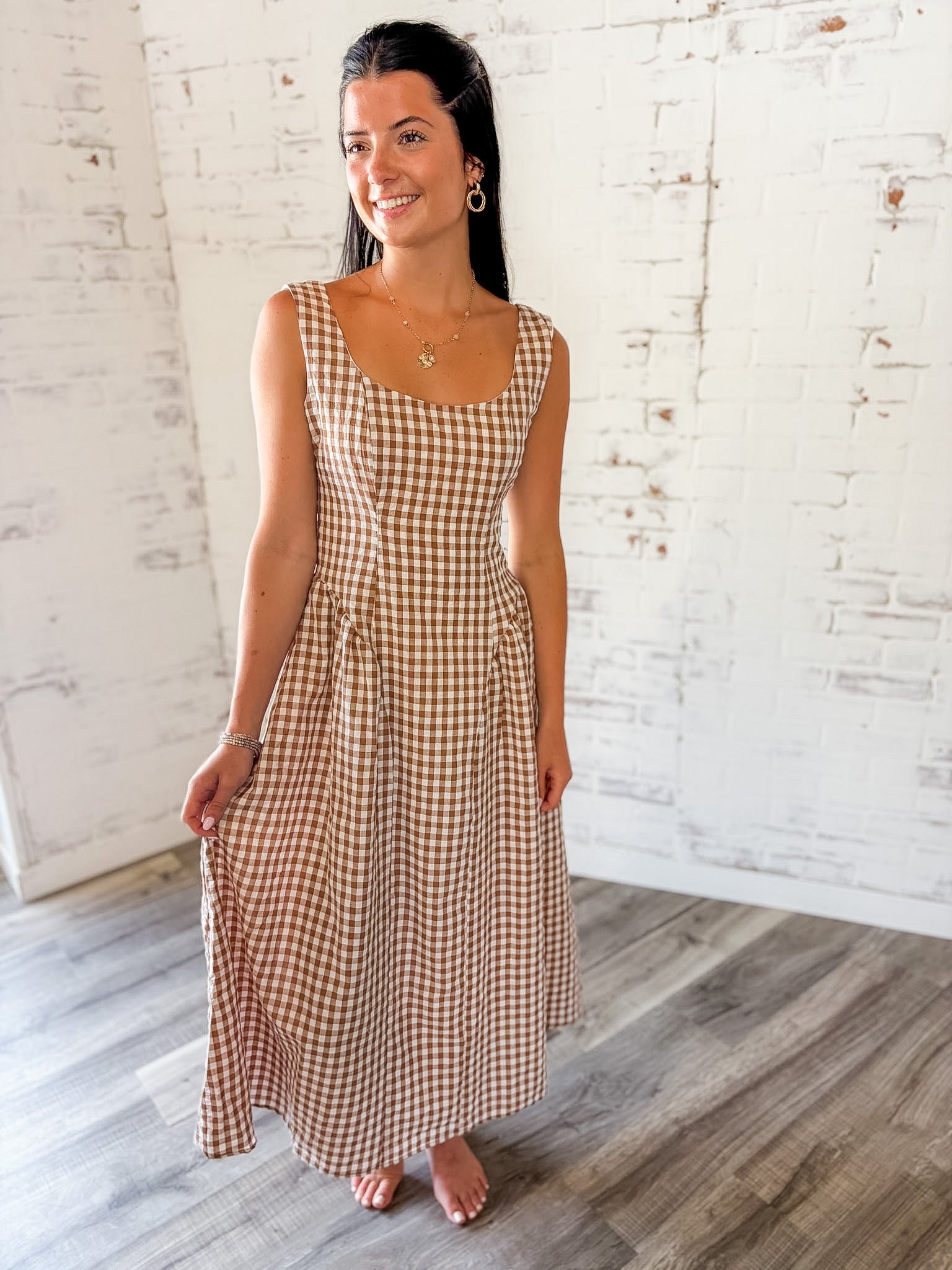 Brown Gingham Fitted Bodice Maxi Dress