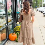 Brown Check Puff Sleeve Midi Dress