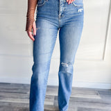 Risen Distressed Straight Leg Denim