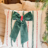 18" Embroidered Stripes & Velvet Bow Pillow
