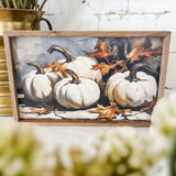 Four White Pumpkins With Leaves - 16x10