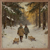 Two Kids Walking With Sled | 12x12
