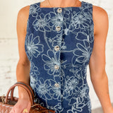 Storia Navy Floral Outline Button Front Denim Top