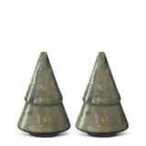 7" Green Glass Filled Christmas Tree Candles with Etched