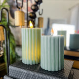 Small Green Ribbed Led Pillar Candle