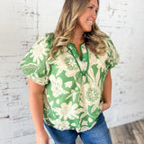 Green Tropical Print Lace Trim Puff Sleeve Top