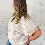 Tan Stripe Contrast Collar Button Top