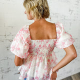 Pink Floral Toile Puff Sleeve Babydoll Top