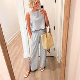 Blue Gingham Wide Leg Pants