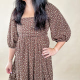 Brown Floral Smocked Midi Dress