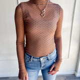 Brown Sheer Polka Dot Mock Neck Top
