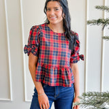 Holiday Plaid Bow Sleeve Peplum Top