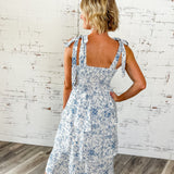 Blue Toile Floral Tie-Shoulder Tiered Midi Dress