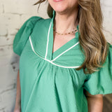 Green Contrast Trim Puff Sleeve Blouse
