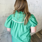 Green Contrast Trim Puff Sleeve Blouse