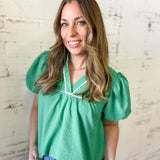 Green Contrast Trim Puff Sleeve Blouse