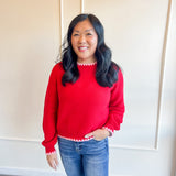 Long Puff Sleeve Sweater With Contrast Stitch