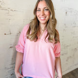 Pink Textured V-Neck Puff Sleeve Blouse