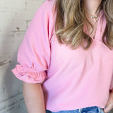 Pink Textured V-Neck Puff Sleeve Blouse