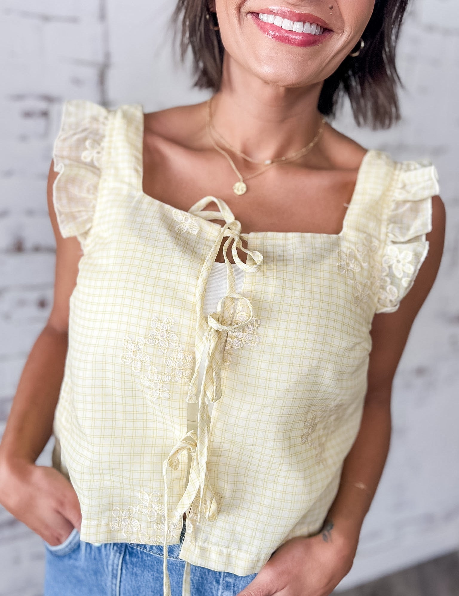 Sunny Days Gingham Lace Up Top