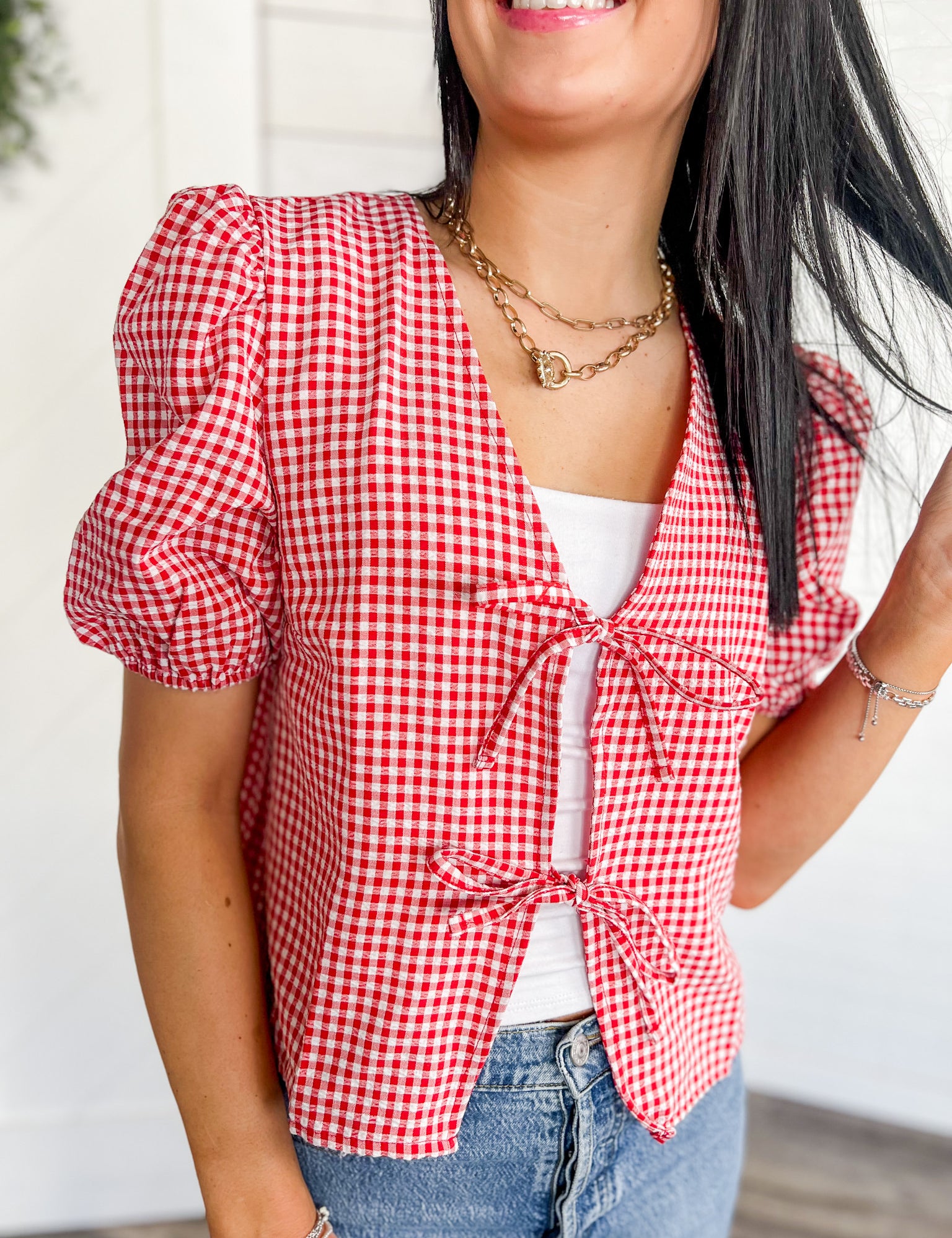 Picnic Check Tie Front Blouse