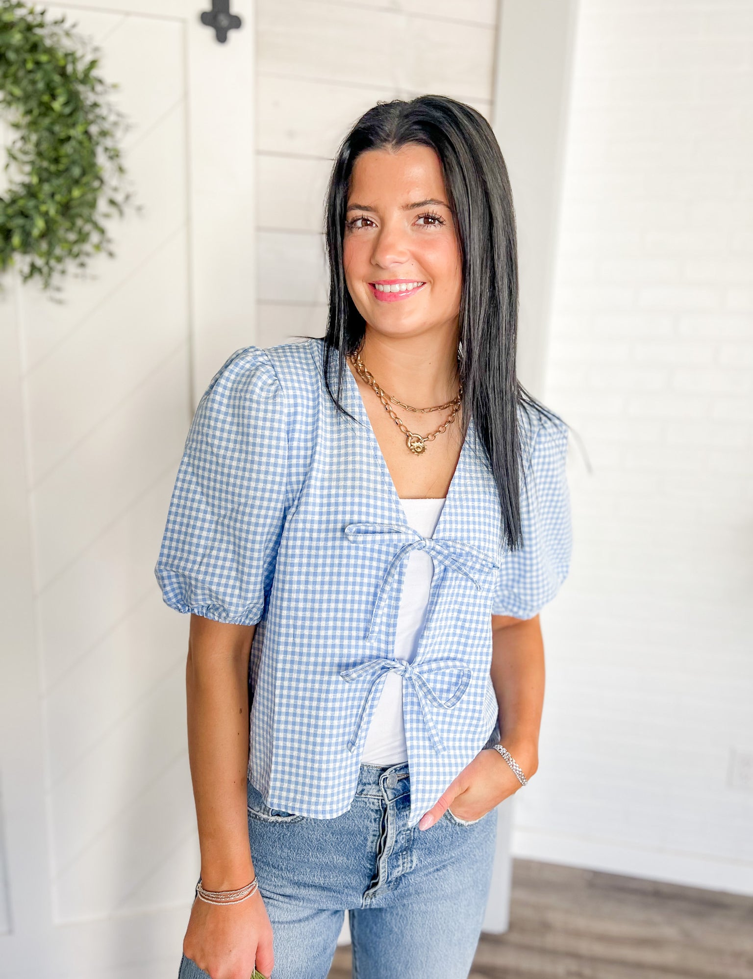 Picnic Check Tie Front Blouse