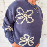 Navy Stitched Flower Sweater