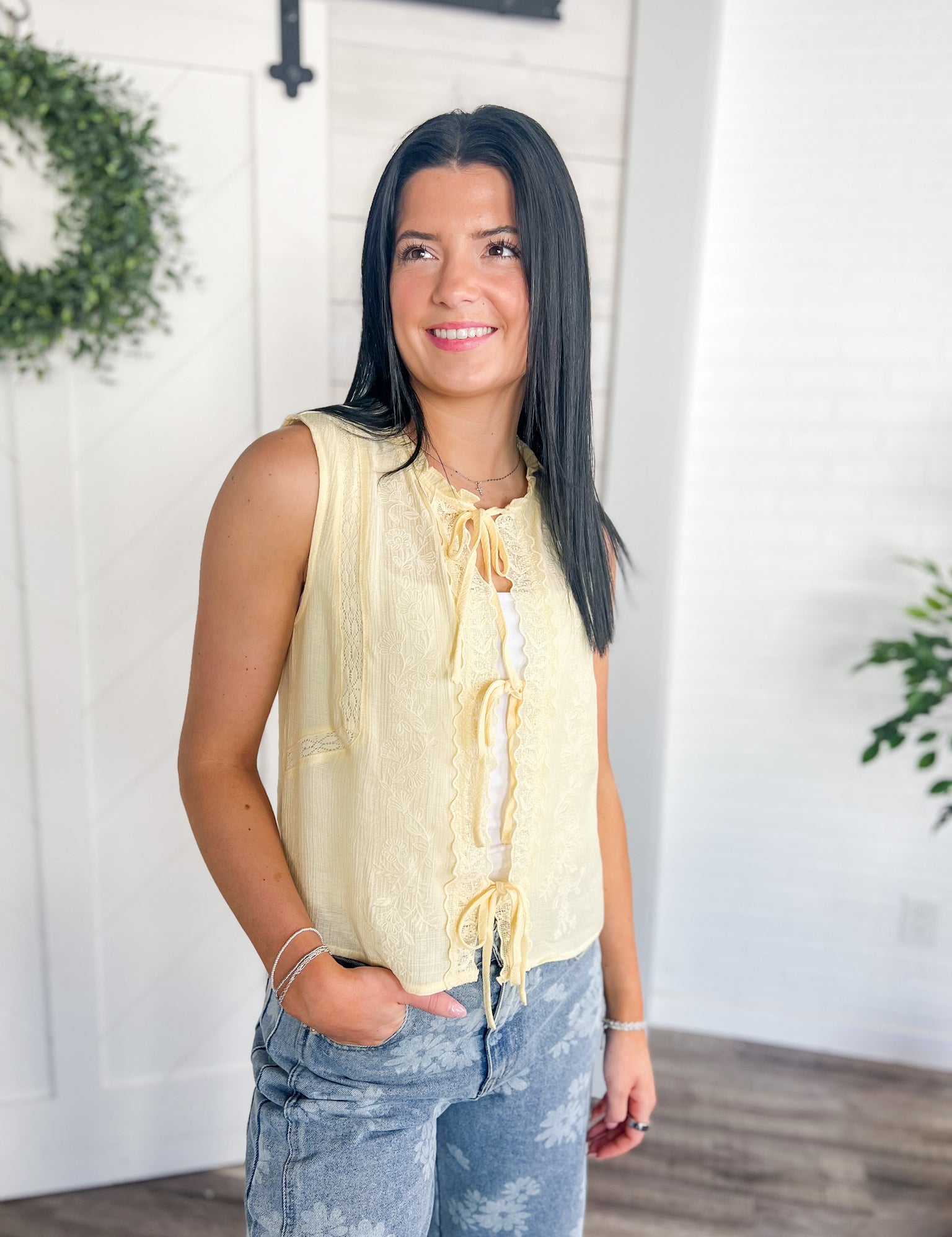 Meadow Lace Tie Front Sleeveless Top