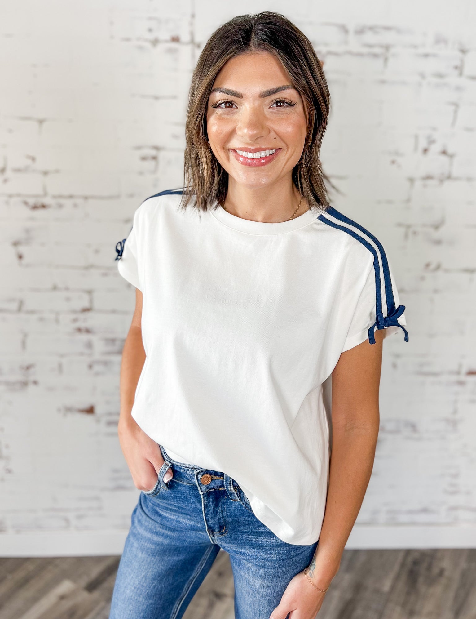 Sporty Stripe Tie Sleeve Top