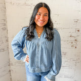 Chambray Denim Lace Cuff Blouse