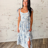 Blue Toile Floral Tie-Shoulder Tiered Midi Dress