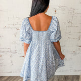 Blue Floral Square Neck Puff Sleeve Mini Dress