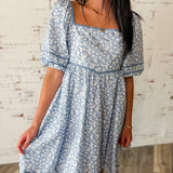 Blue Floral Square Neck Puff Sleeve Mini Dress