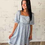 Blue Floral Square Neck Puff Sleeve Mini Dress