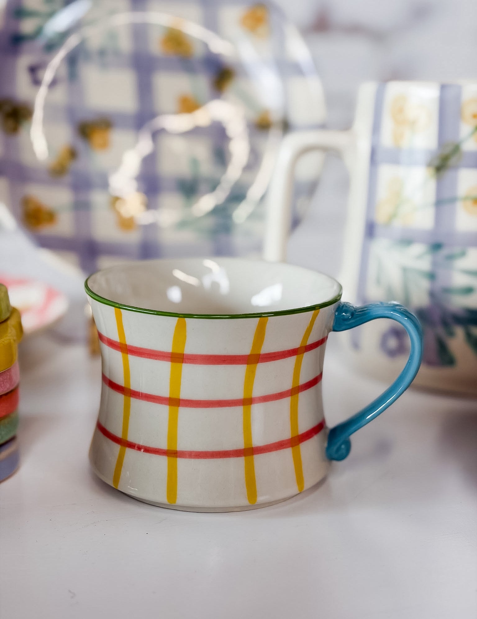 8 oz Hand-Painted Stoneware Plaid Mug