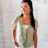 Sage Embroidered Tie-Front Wrap Top