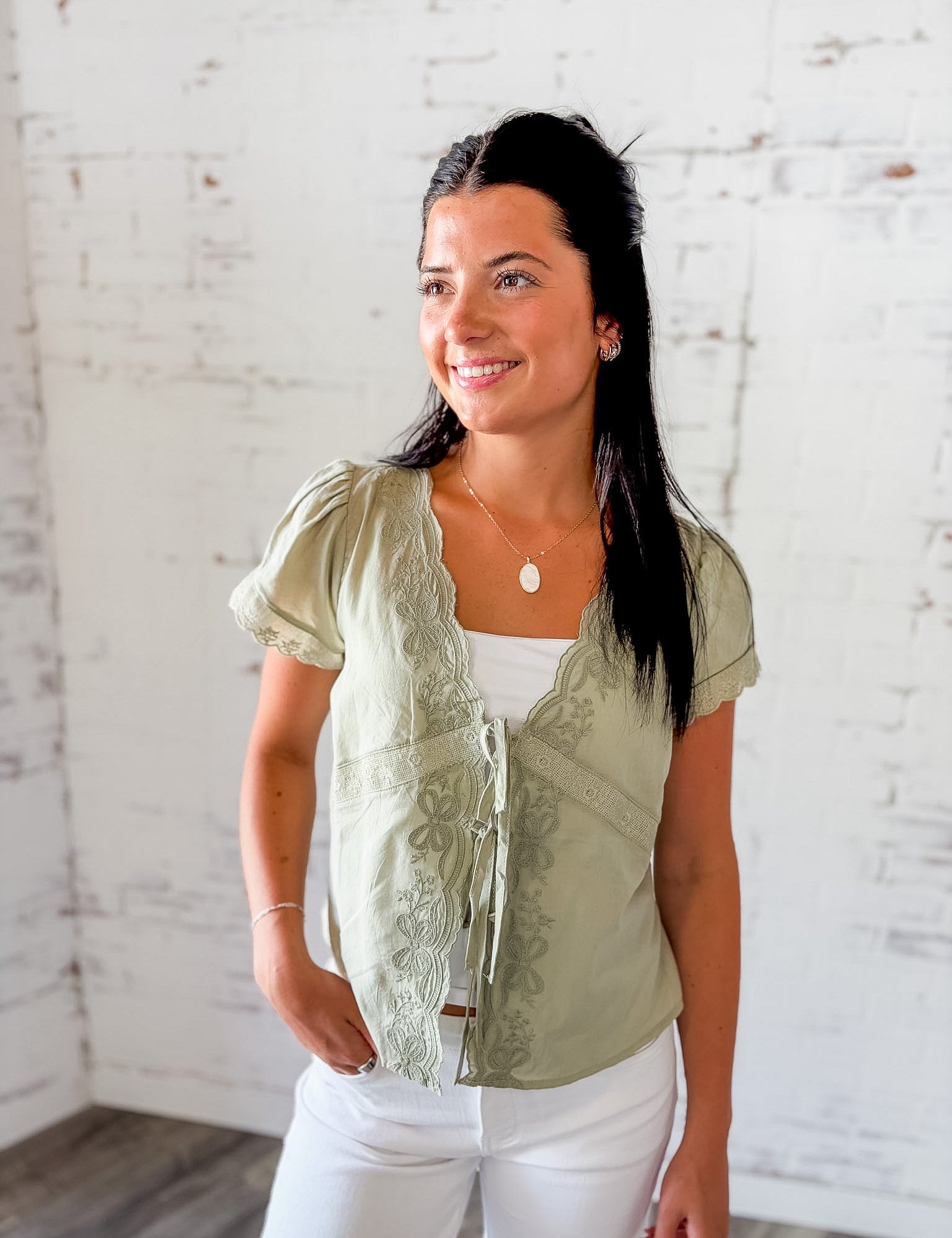 Sage Embroidered Tie-Front Wrap Top