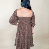 Brown Floral Smocked Midi Dress