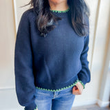 Long Puff Sleeve Sweater With Contrast Stitch