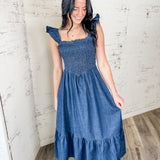 Sweetheart Denim Smocked Midi Dress
