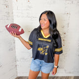 Iowa Hawkeyes women's black and gold football jersey with cropped fit