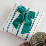 18" Embroidered Stripes & Velvet Bow Pillow
