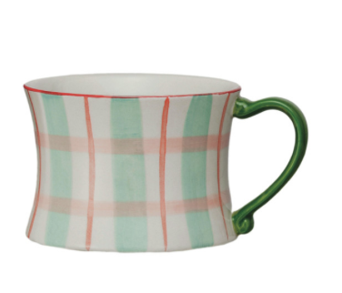 8 oz Hand-Painted Stoneware Plaid Mug