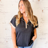 Black Scalloped Sleeve Quarter Zip Top