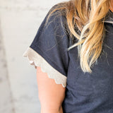 Black Scalloped Sleeve Quarter Zip Top