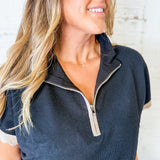 Black Scalloped Sleeve Quarter Zip Top