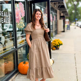 Brown Check Puff Sleeve Midi Dress