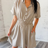 Brown Gingham Button-Up Shirt Dress with Smocked Waist
