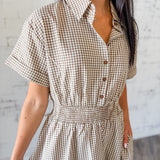 Brown Gingham Button-Up Shirt Dress with Smocked Waist