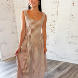 Brown Gingham Fitted Bodice Maxi Dress